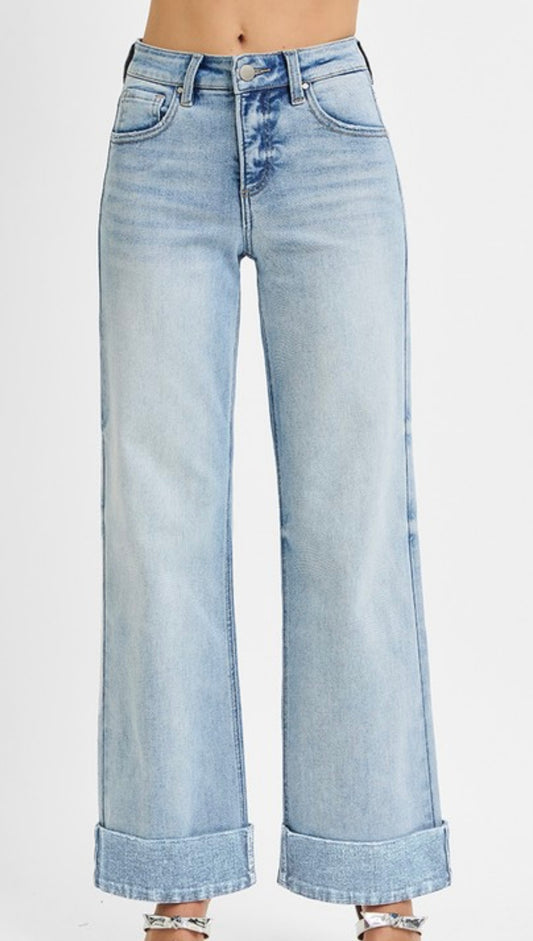 High Rise Ankle Wide Cuffed Jeans (Tummy Control)