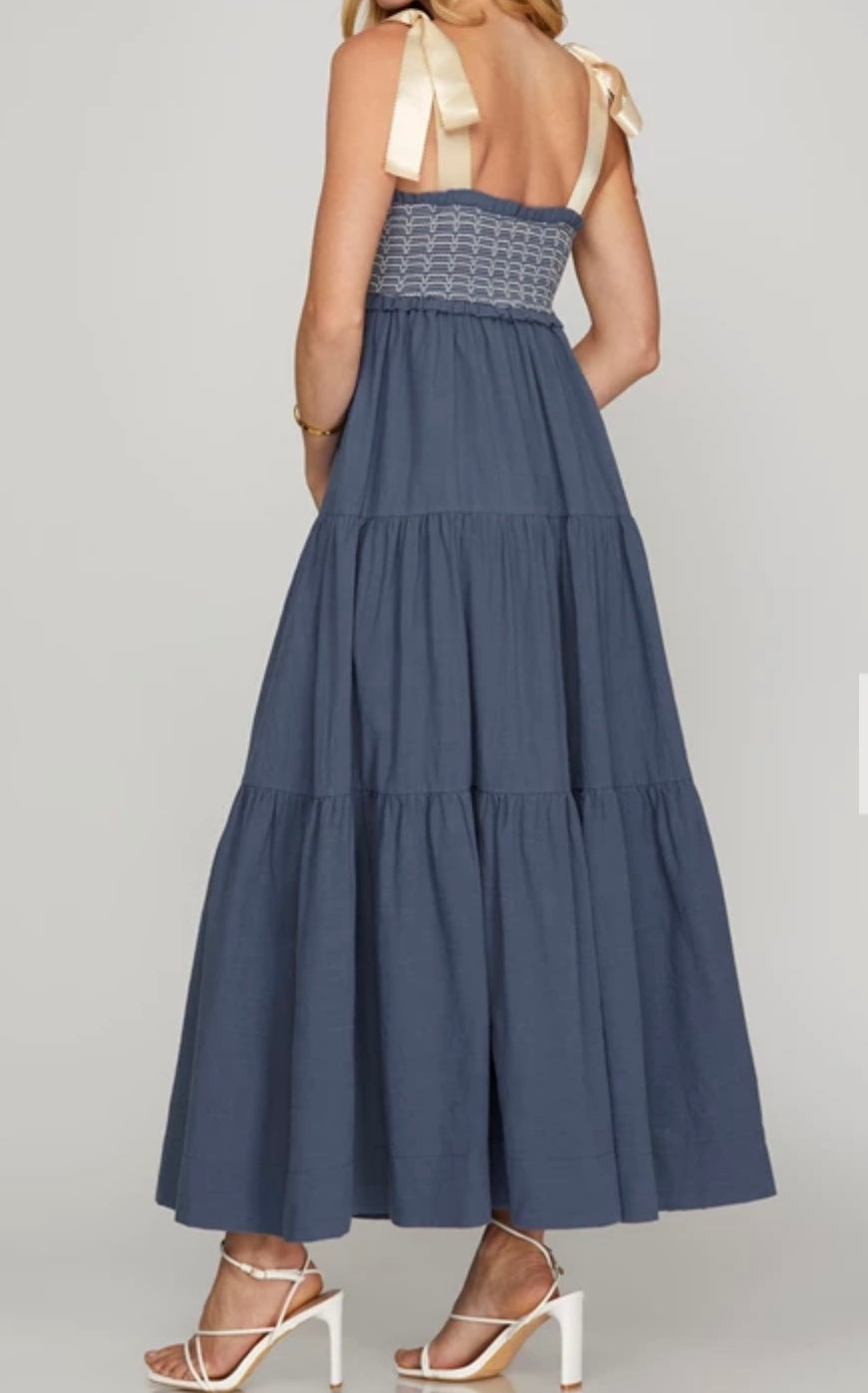 Satin Tie Smock Tiered Woven Maxi Dress