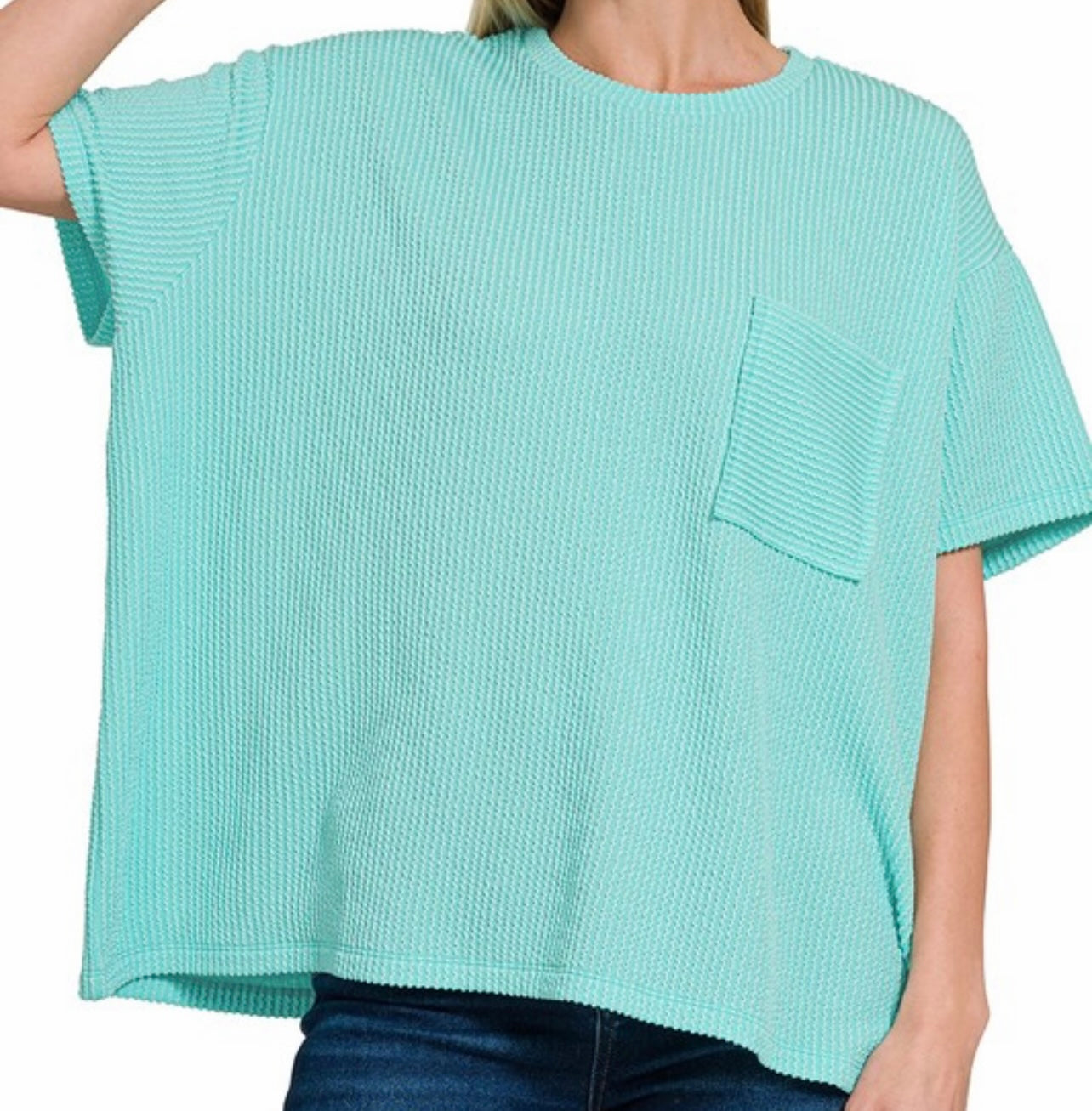 Ribbed Short Sleeve Front Pocket Top