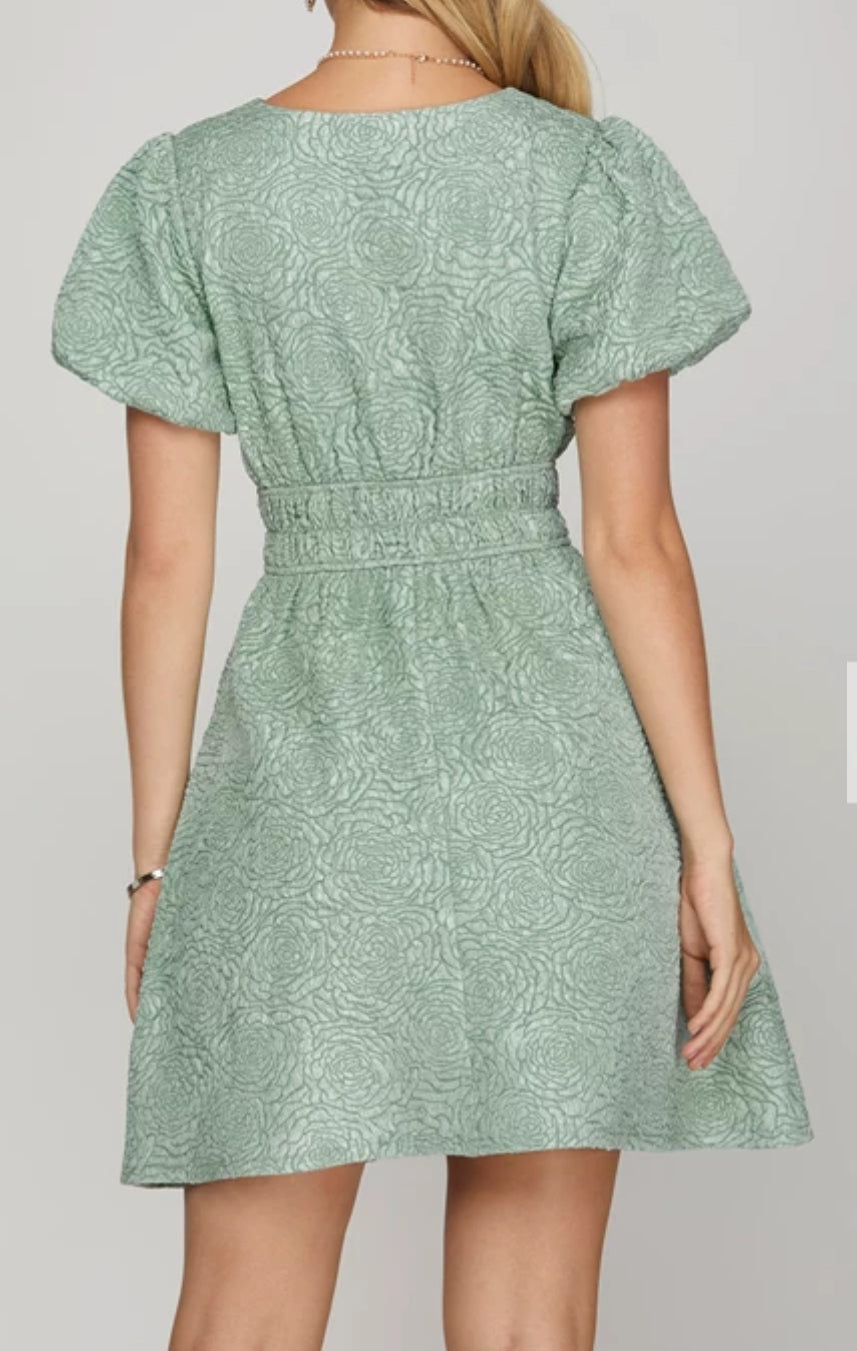 Puff Sleeve V-Neck Floral Jaquard Dress