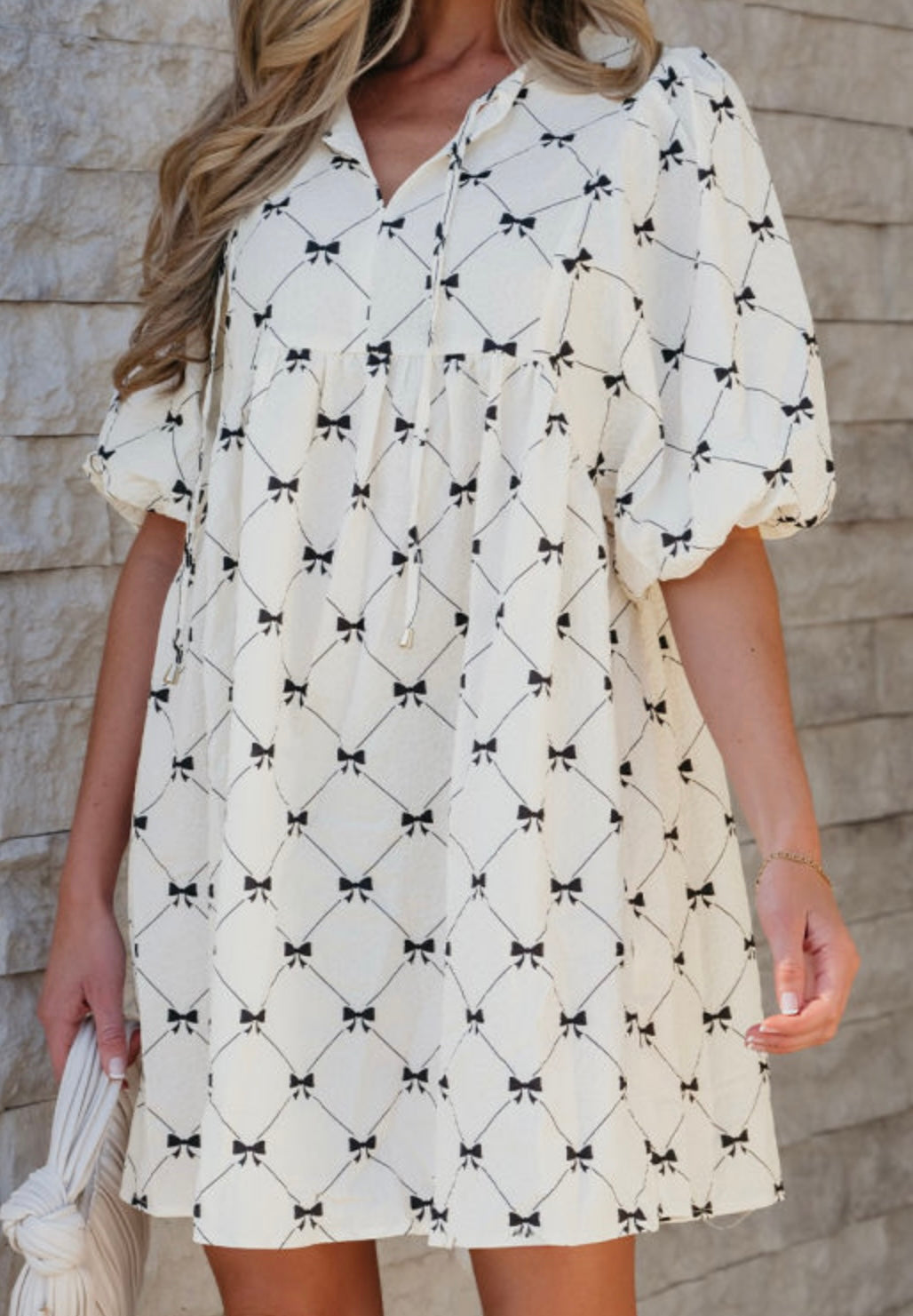 Bowtie Pattern Textured Puff Half Sleeve Loose Fitting Dress