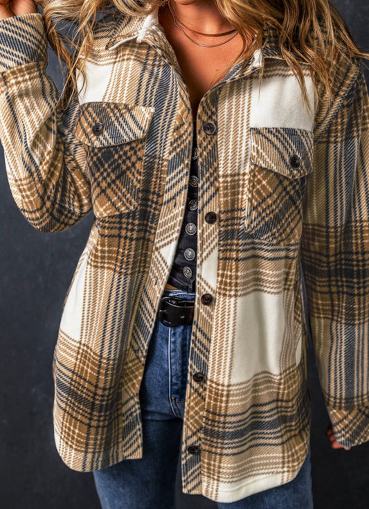 Plaid Print Flap Pocket Button Up Shacket