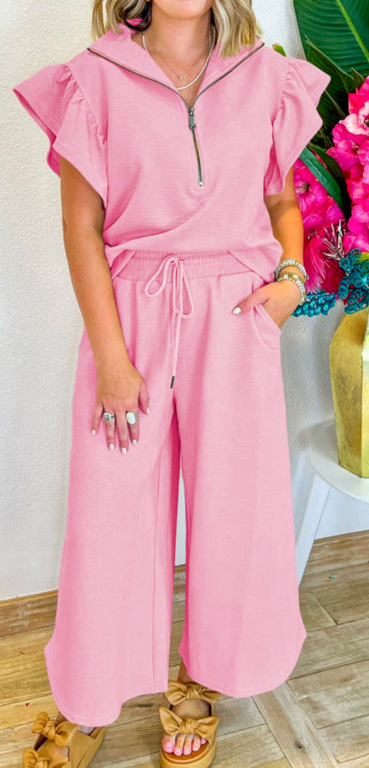 Zipper Front Flutter Sleeve Set