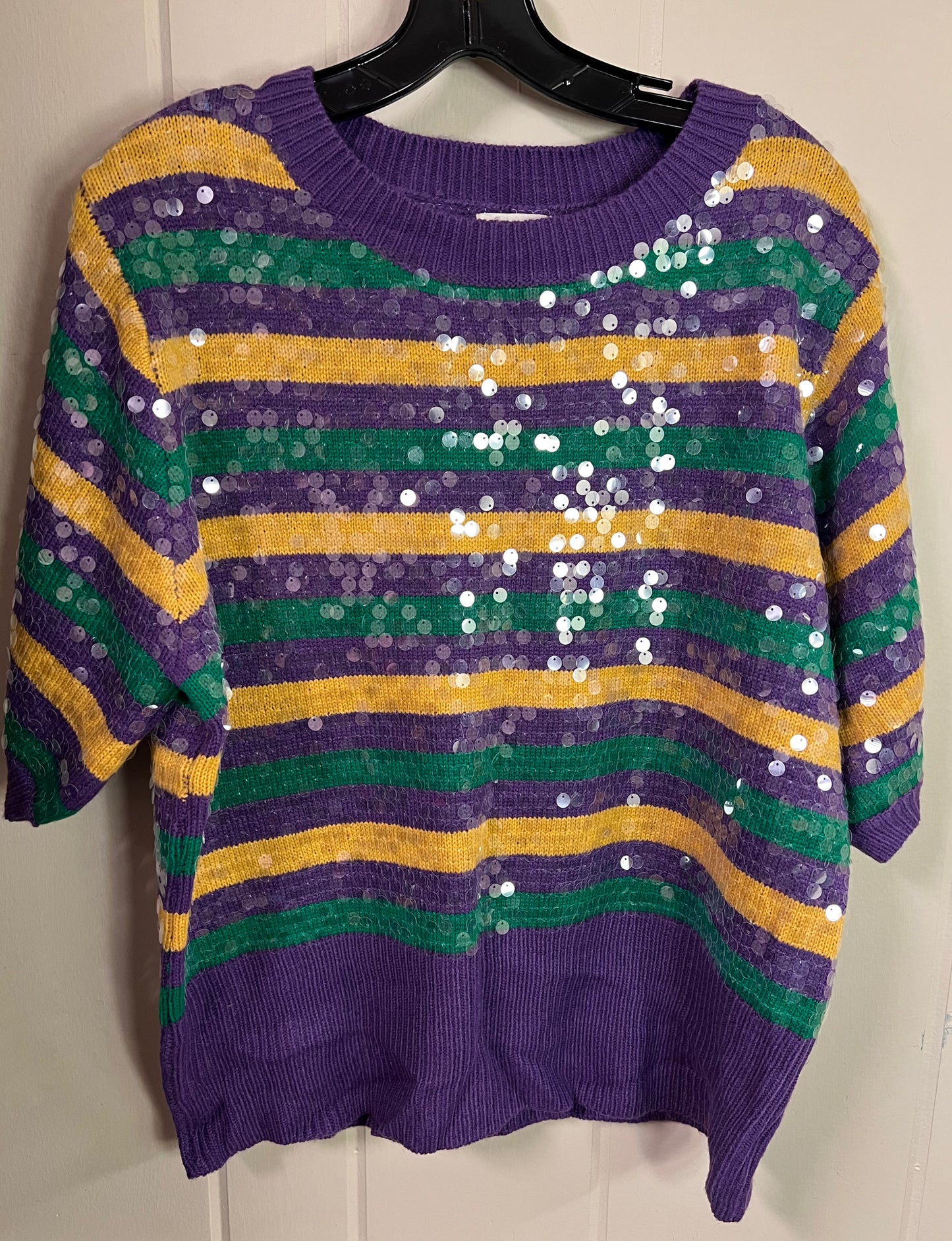 Mardi Gras Clear Sequin Short Sleeve Sweater