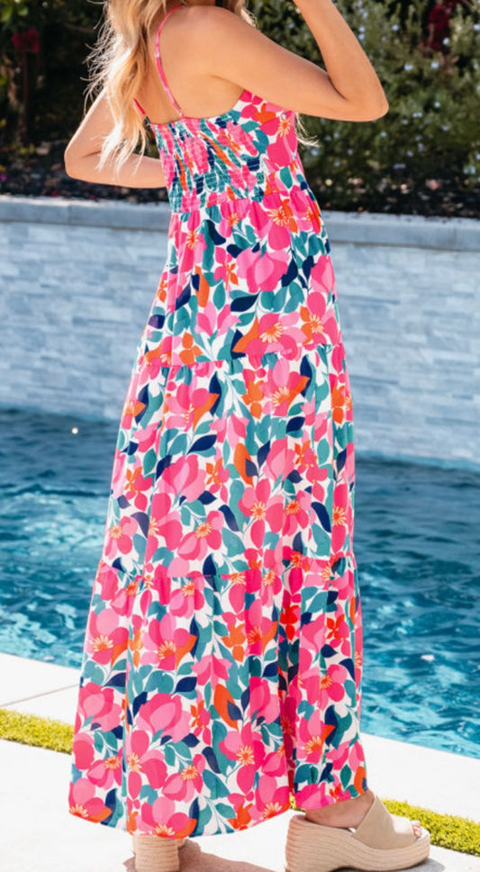 Floral Twisted Smocked Back Maxi Dress