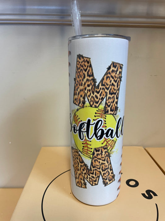 Leopard Softball Mom 20oz Sublimation Stainless Steel Cup with Straw