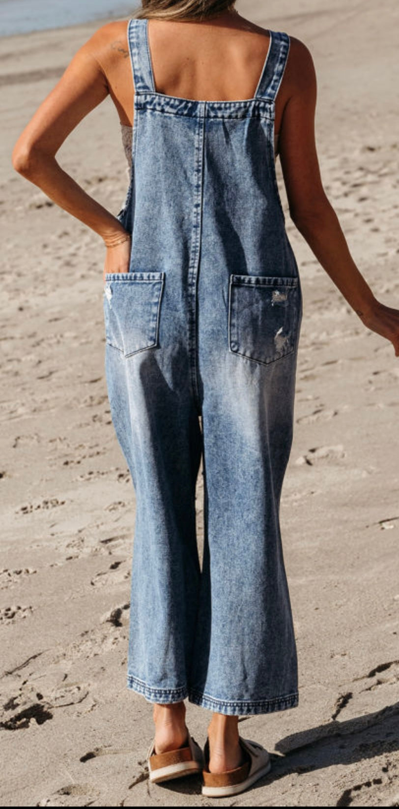 Distressed Wide Leg Denim Overalls