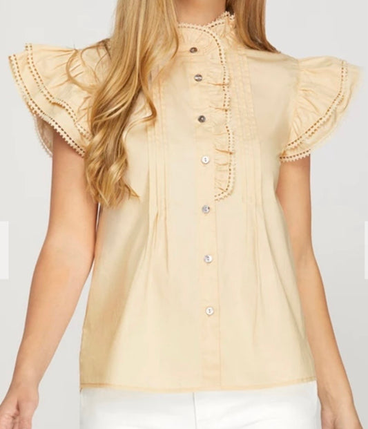 Ruffle Sleeve Edge Trip Button Down Top