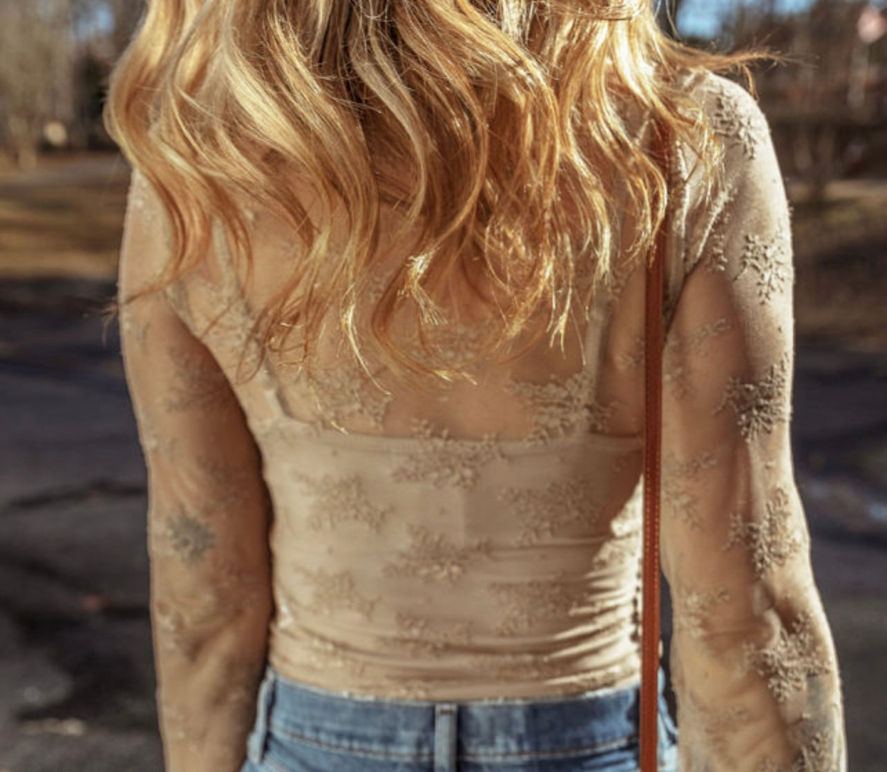Apricot Lace Mesh Crochet Slim Fit Long Sleeve Top