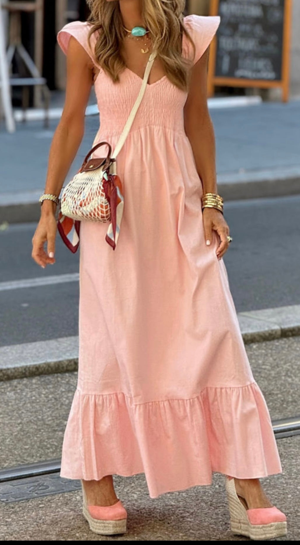 V-Neck Flutter Sleeve Smocked Ruffle Maxi