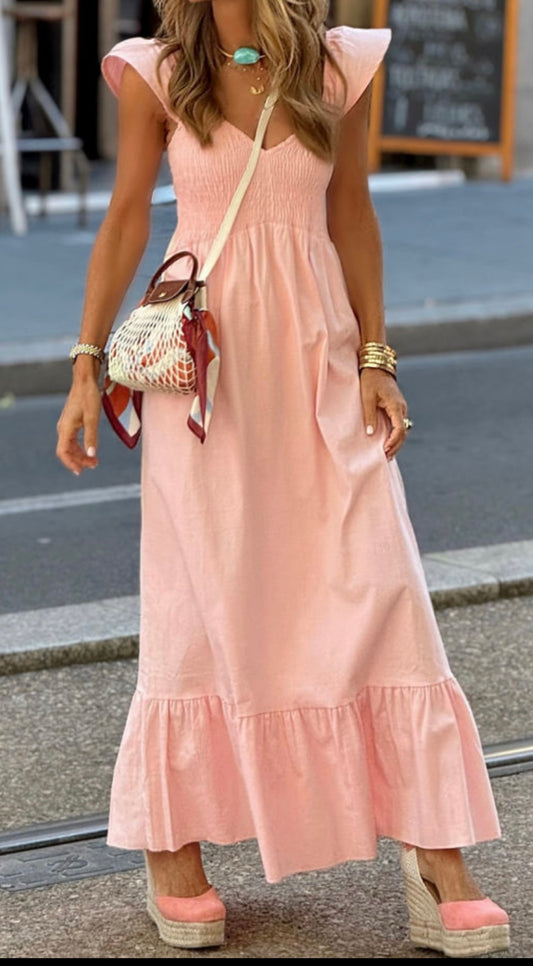 V-Neck Flutter Sleeve Smocked Ruffle Maxi