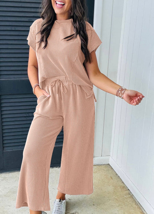 Corded Knot Short Sleeve T-Shirt and Wide Leg Pants Set
